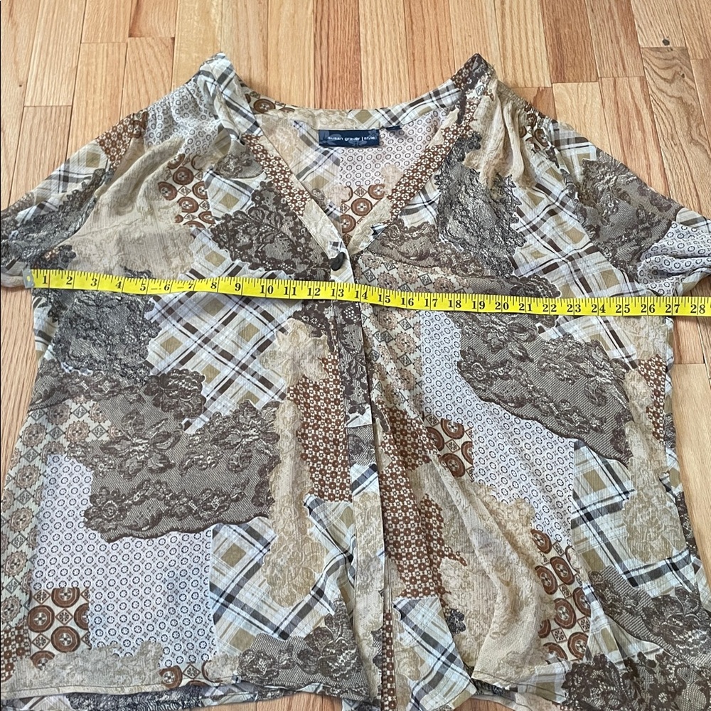 Susan Graver Top Womens 2x Brown Patchwork Print Button Up Boho Coastal Casual - Picture 5 of 10
